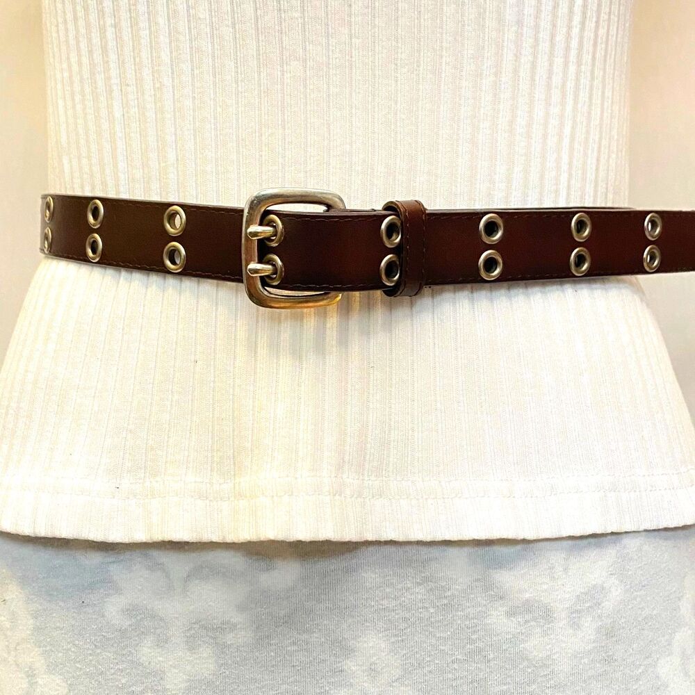 💎Unisex Belt XL Waist Umber Brown Bonded Leather Double Grommets Throughout